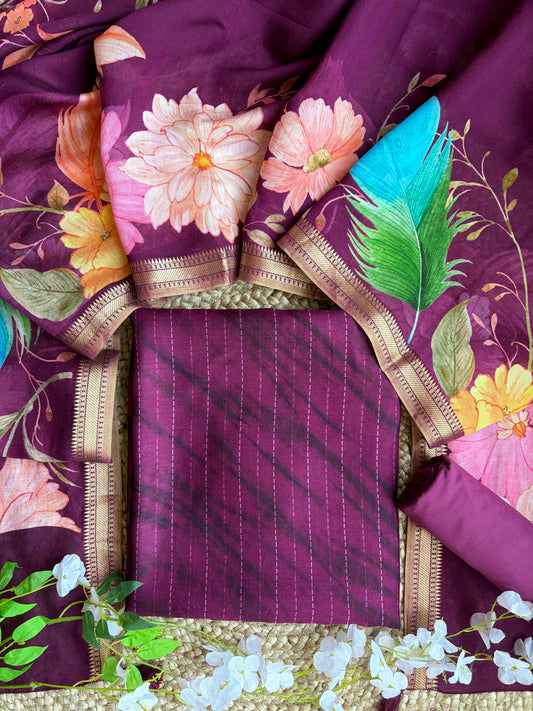 Staple Silk Purple Floral Stripes Printed Set