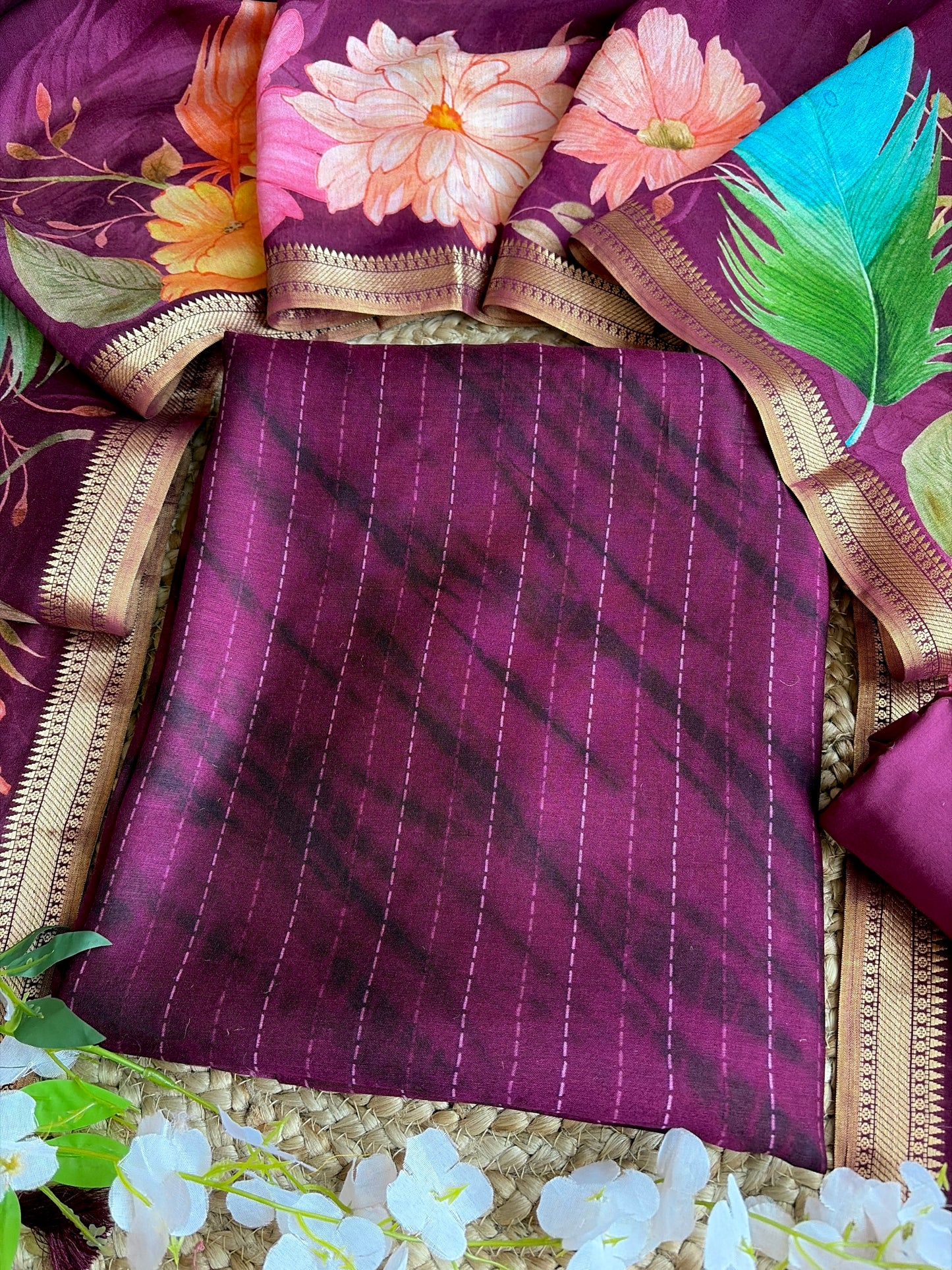 Staple Silk Purple Floral Stripes Printed Set