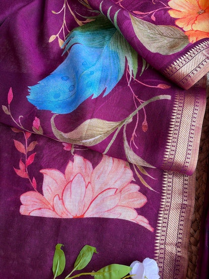 Staple Silk Purple Floral Stripes Printed Set
