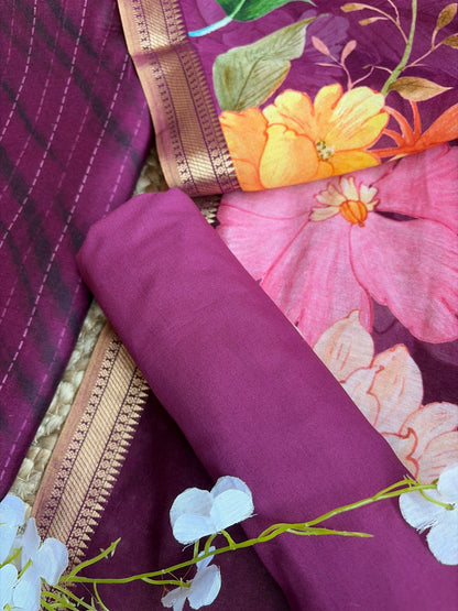 Staple Silk Purple Floral Stripes Printed Set