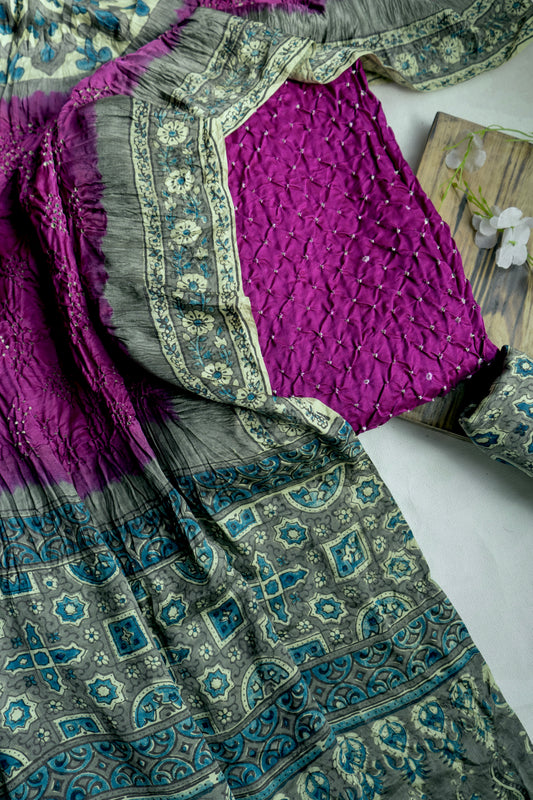 Gajji Ajrakh Purple Bandhej Suit Piece Set