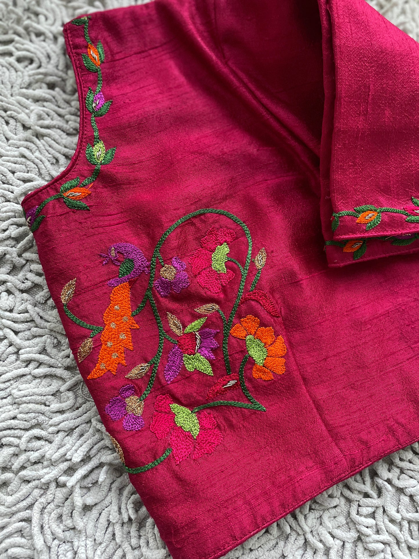 Raw Silk Colorful Embroidery Blouse