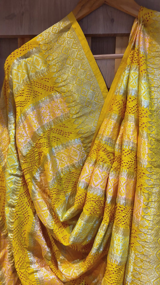 Georgette Stripes Red Rai Dana Yellow Bandhej Dupatta
