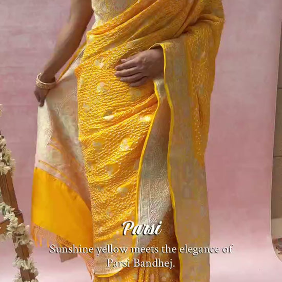 Katan Parsi Booti Rai Dana Yellow Bandhej Saree