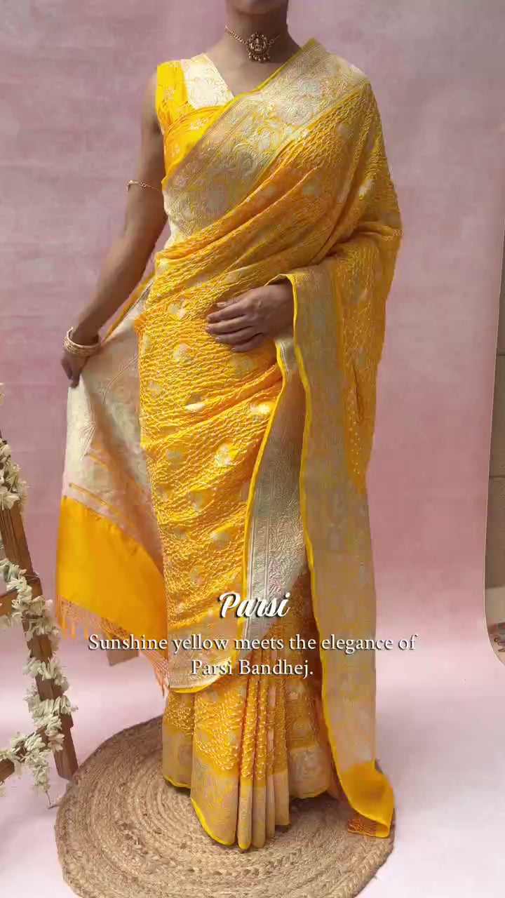 Katan Parsi Booti Rai Dana Yellow Bandhej Saree