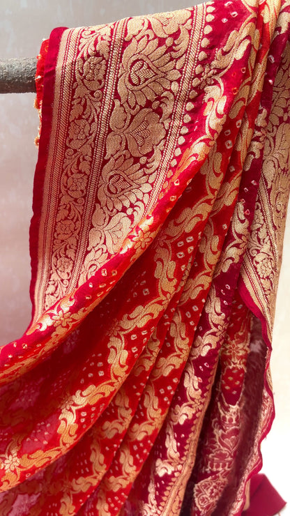 Georgette Checks Jaal Orange-Red Bandhej Dupatta