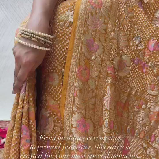 Georgette Figure Meenakari Jaal Mustard Bandhej Saree
