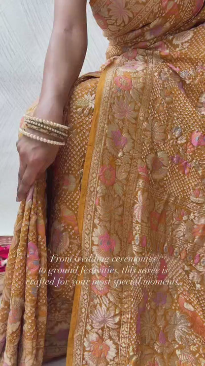 Georgette Figure Meenakari Jaal Mustard Bandhej Saree