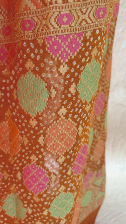 Patola Mustard Meenakari Bandhej Saree