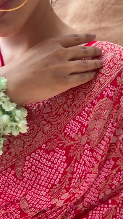 Bandhej Banarasi Jangla Red Bandhej Saree