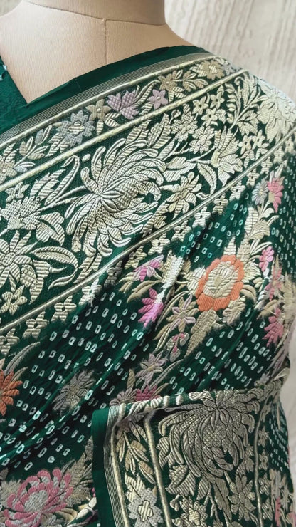 Parsi Jaal Georgette Bottle Green Bandhej Saree