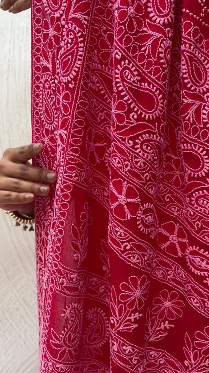 Georgette Lucknowi Red Bandhej Saree