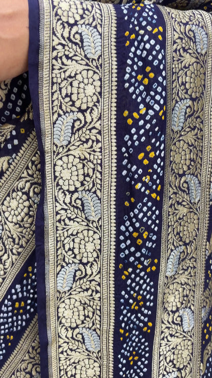 Georgette Double Border Leheriya Bandhej Royal Blue Saree