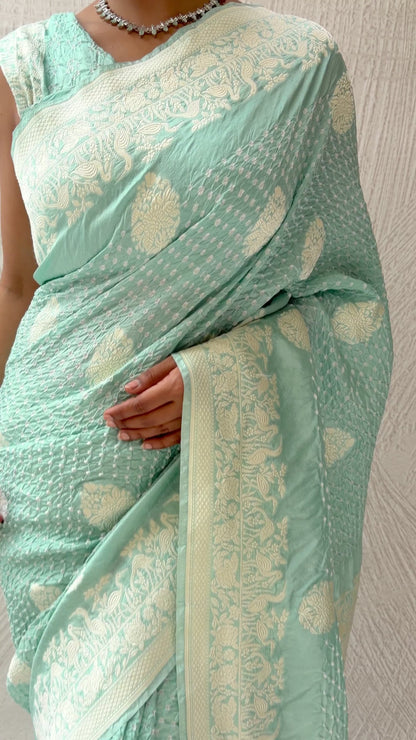Katan Parsi Boota Swan Pastel Blue Bandhej Saree