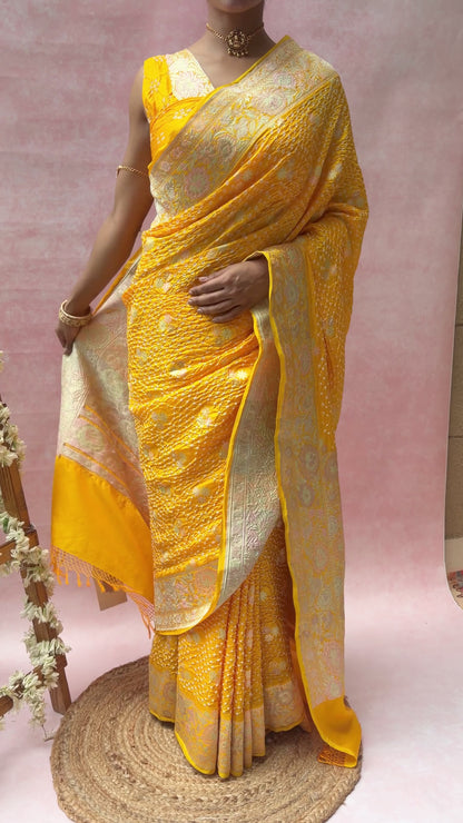 Katan Parsi Booti Rai Dana Yellow Bandhej Saree