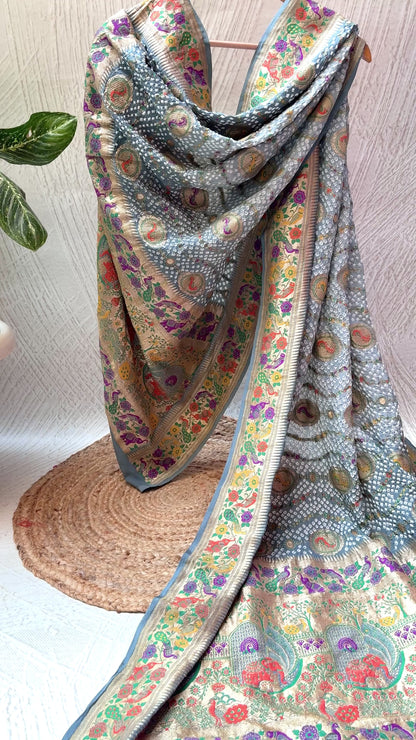 Georgette Figure Weaving Meenakari Grey Ombre Bandhej Dupatta