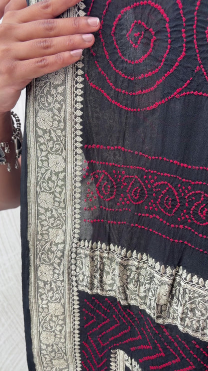 Georgette Red Rai Dana Black Bandhej Saree