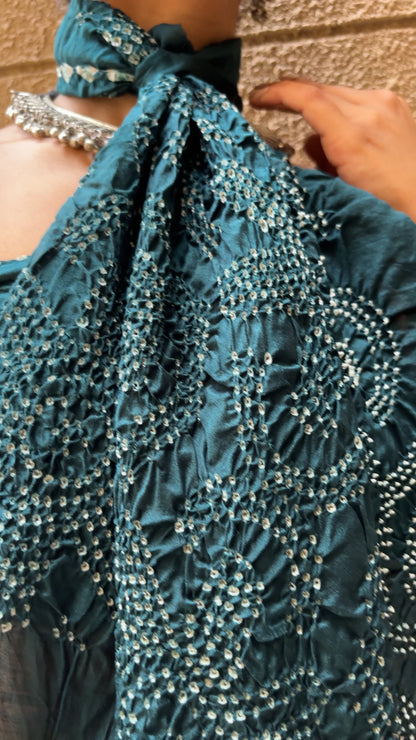 Chiniya Pichwai Bottle Green-Blue Bandhej Saree