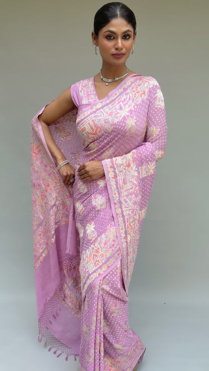 Bootidar Parsi Georgette Lilac Bandhej Saree