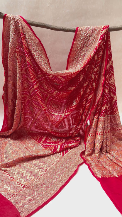 Georgette Rai Dana Red Embroidered Bandhej Dupatta