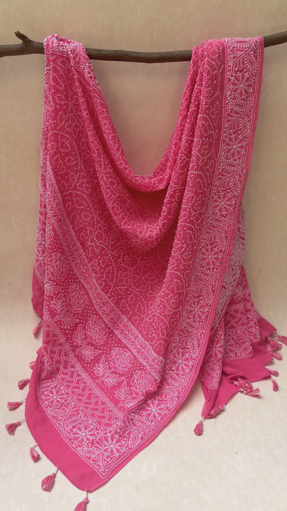 Georgette Lucknowi Pink Bandhej Dupatta