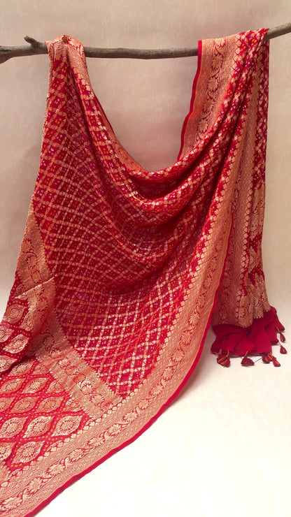 Georgette Checks Jaal Red Bandhej Dupatta