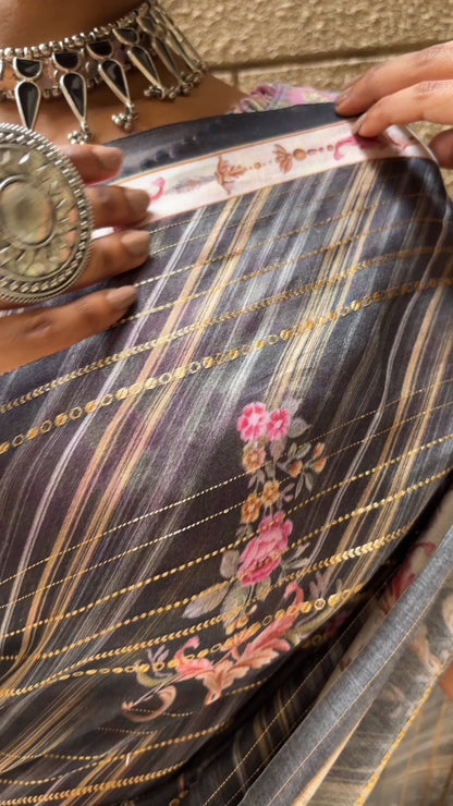 Chanderi Floral Printed Zari Stripes (Black) Saree