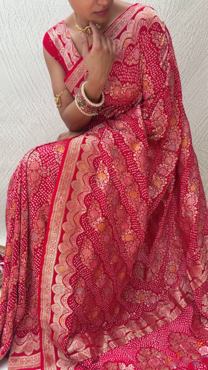 Georgette Floral Leheriya Meenakari Bandhej Red Saree