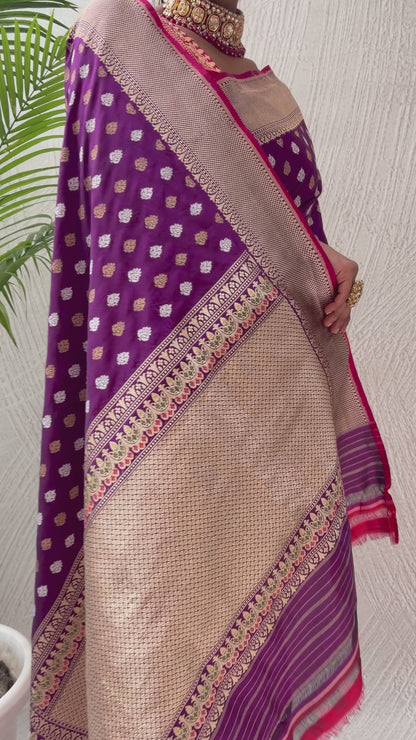 Purple Booti Silver Gold Saree