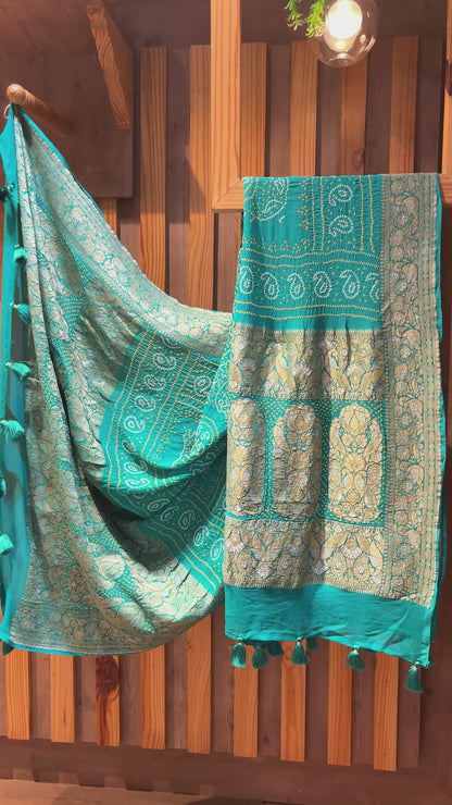 Firozi Sona Rupa Shikara Kadhwa Bandhej Dupatta