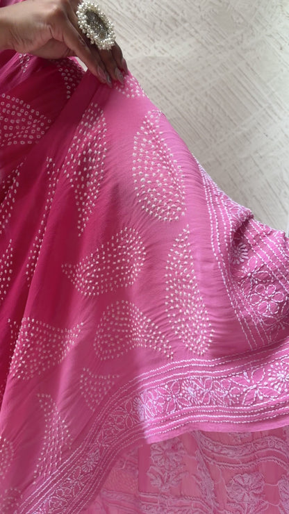 Georgette Lucknowi Ombre Onion Pink Bandhej Saree
