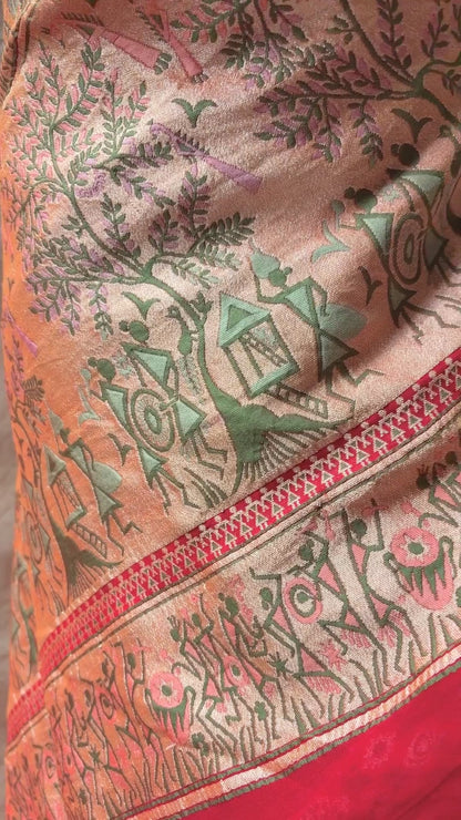 Georgette Warli Jaal Weaving Ombre Rani-Maroon Bandhej Saree