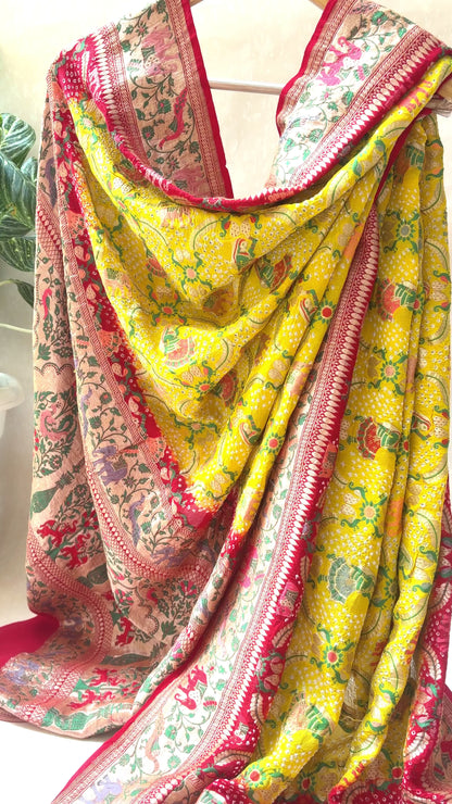 Georgette Paithani Figure Weaving Yellow-Red Bandhej Dupatta