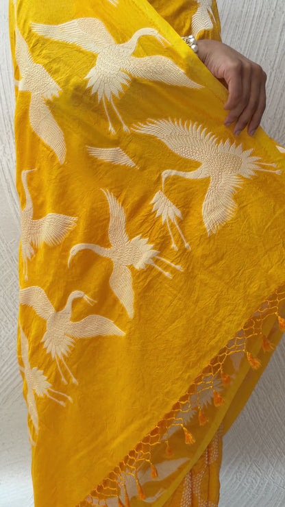 Katan Swan Parsi Mango Yellow Bandhej Saree