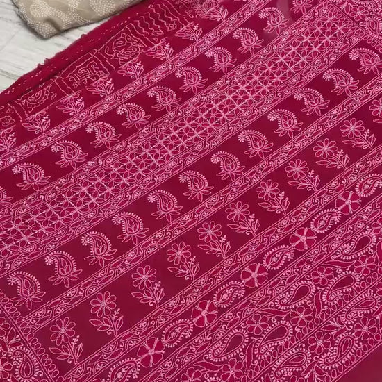 Georgette Lucknowi Red Bandhej Saree
