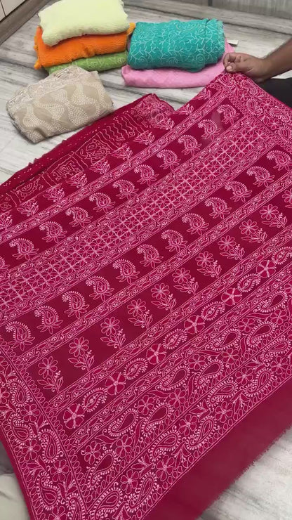 Georgette Lucknowi Red Bandhej Saree