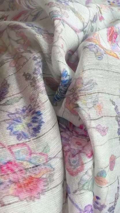 Cotton Silk Floral White Checks Fabric