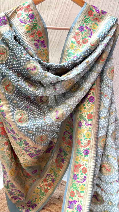 Georgette Figure Weaving Meenakari Grey Ombre Bandhej Dupatta