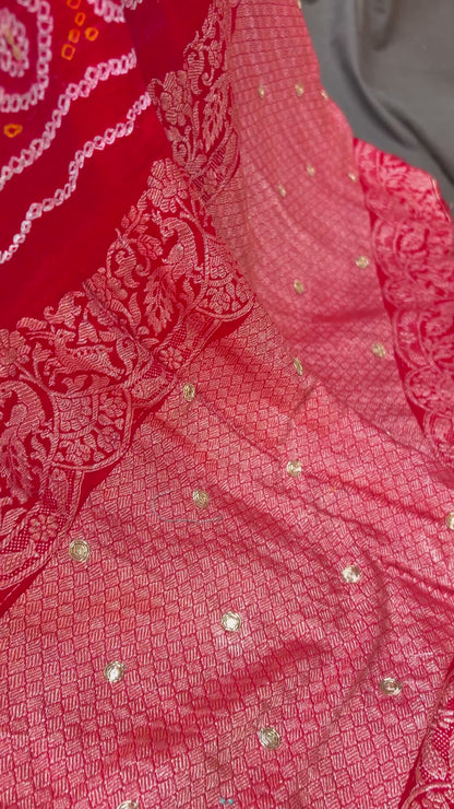 Embroidered Rai Dana Shikargah Red Bandhej Saree
