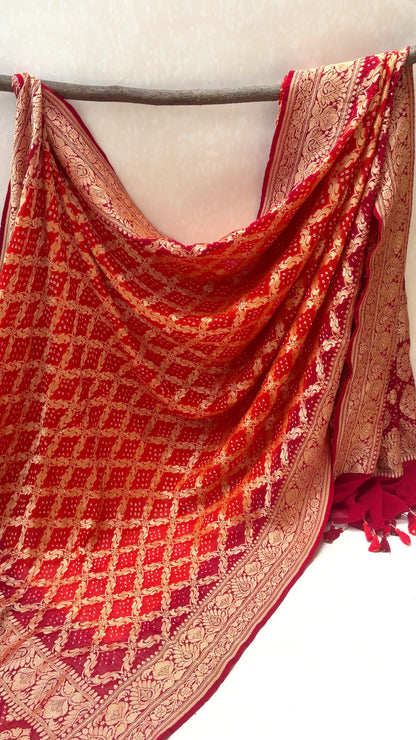 Georgette Checks Jaal Orange-Red Bandhej Dupatta