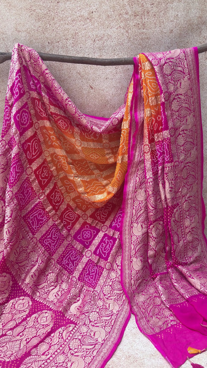 Georgette Gharchola Ombre Orange-Pink Bandhej Dupatta
