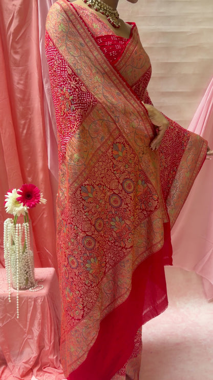 Meenakari Georgette Brocade Red Bandhej Saree
