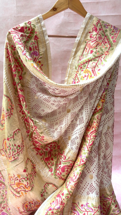 Katan Boota Paithani Meenakari Red Rai Dana White Bandhej Dupatta