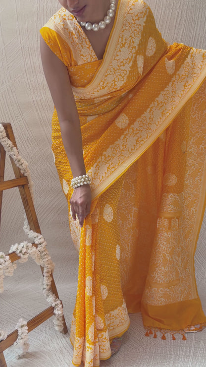 Katan Parsi Boota Yellow Bandhej Saree