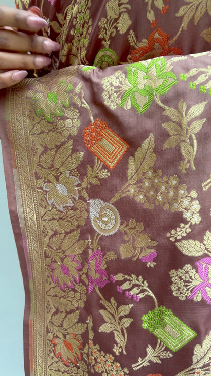Katan Meenakari Sona Rupa Brown Saree