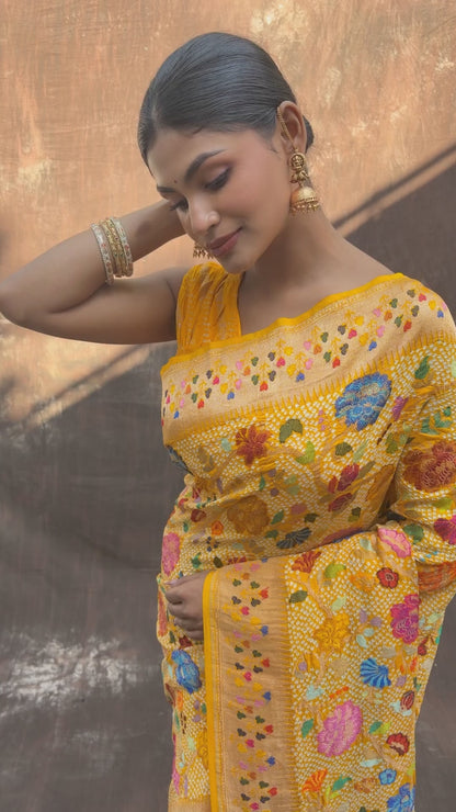 Heavy Katan Meenaakari Jaal Intricate Yellow Bandhej Saree