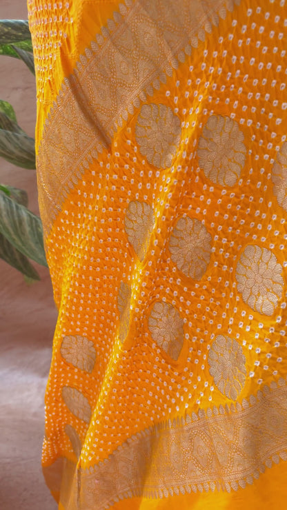 Ombre Yellow-Orange Satin Silk Kadhua Border Bandhej Saree