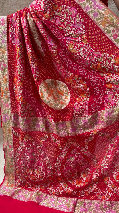 Georgette Paithani Meenakari Figure Weaving Red Bandhej Saree