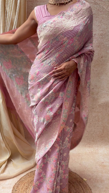 Georgette Parsi Jaal Lilac Bandhej Saree