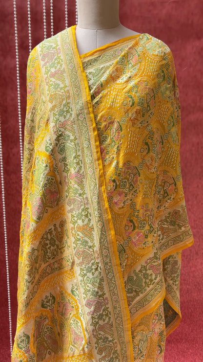 Georgette Patola Boota Meenakari Yellow Bandhej Saree